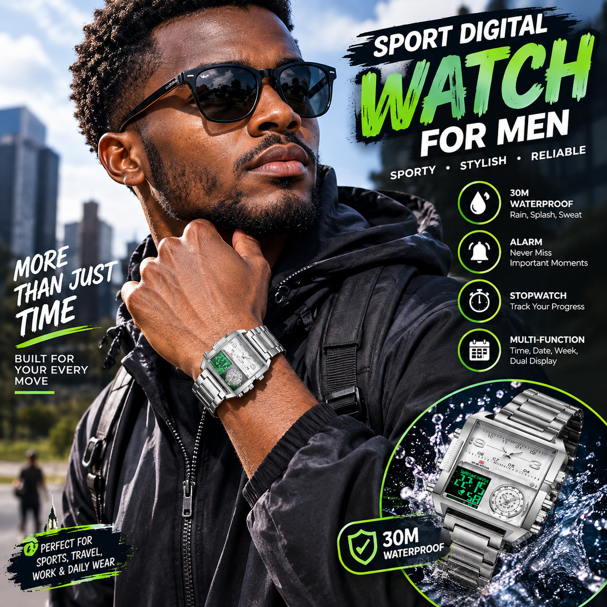 Men’s Sport Digital Watch – 30M Water-Resistant Multifunction watch with Alarm & Stopwatch