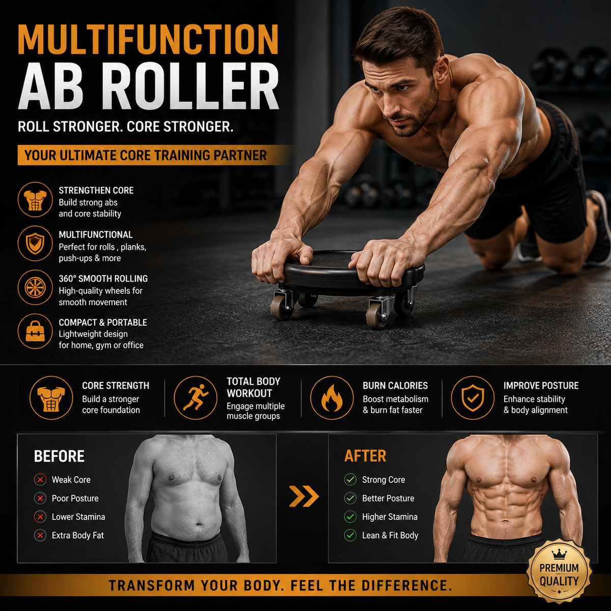 Multifunction Ab Roller Core & Abdominal Strength Training Equipment