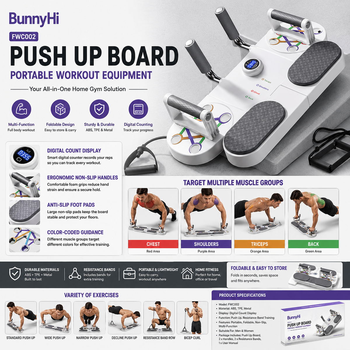 Portable Home Workout Equipment with Resistance Bands & Digital Counter