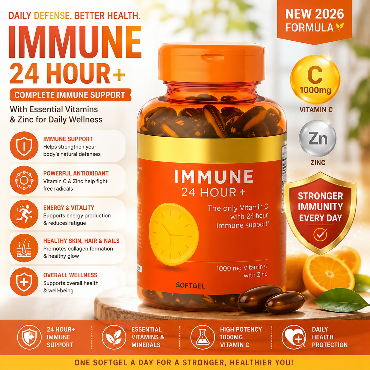 Vitamin C 1000 mg with Zinc Softgels – Daily Immune & Antioxidant Support