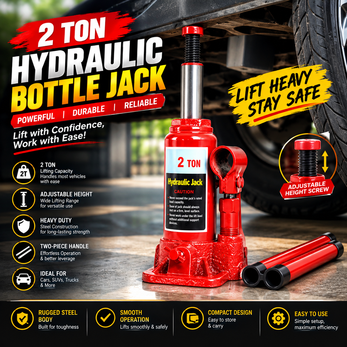 2-Ton Hydraulic Bottle Jack – Red Adjustable Car Lifting Jack with Two-Piece Handle