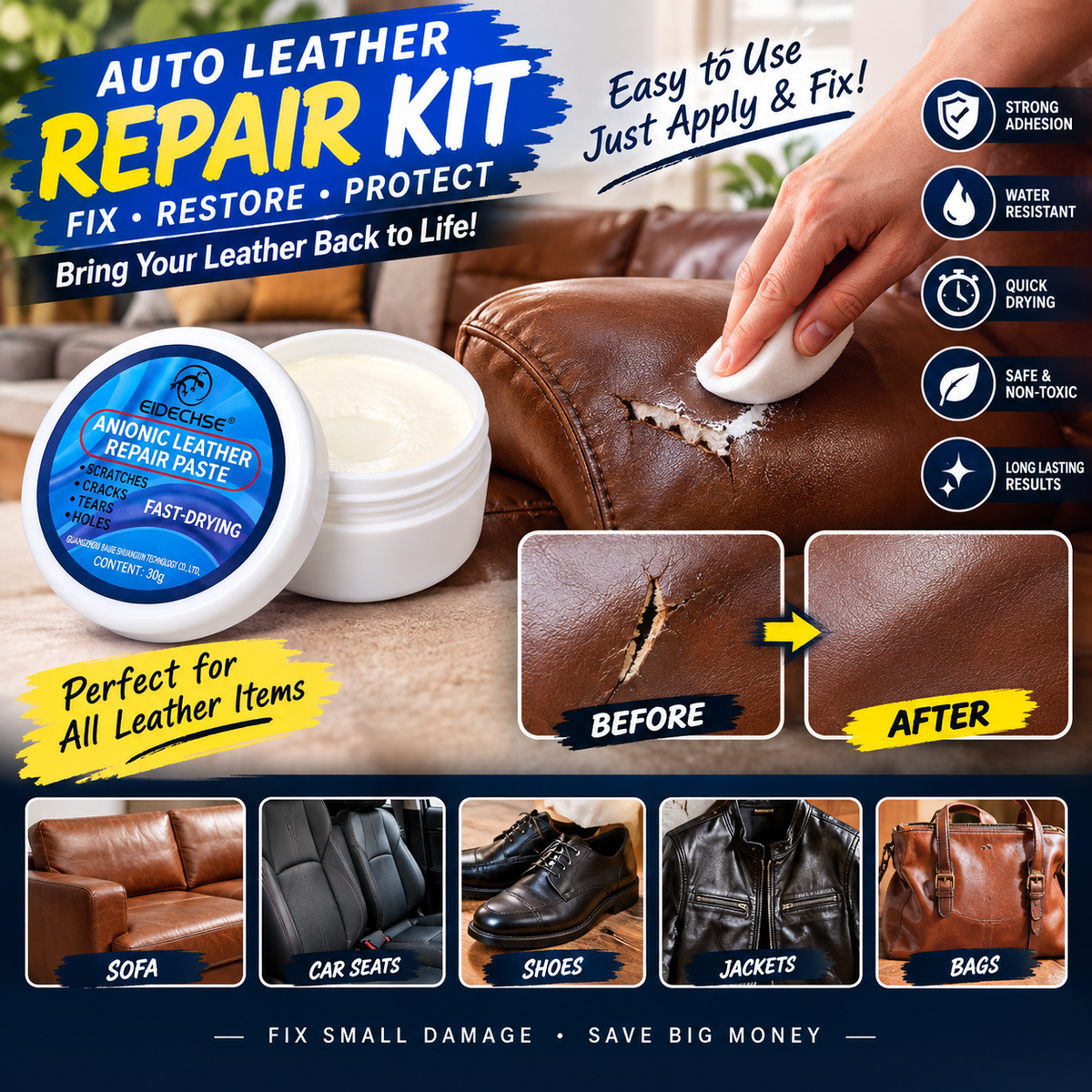 Leather Repair Kit – Multi-Purpose Leather Tear & Scratch Repair for Sofas, Shoes & Bags