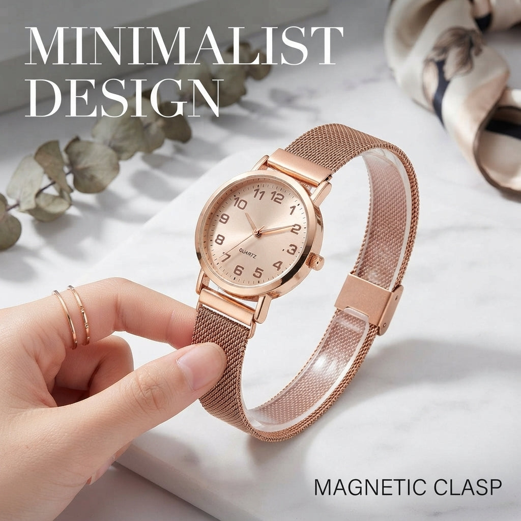 Women’s Rose Gold Minimalist Quartz Watch – Round Numeral Dial with Mesh Stainless Steel Strap