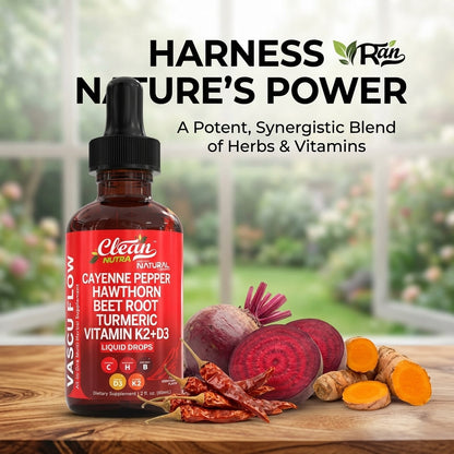 Liquid Drops with Hawthorn, Beet Root & Turmeric – Herbal Supplement with Vitamins D3 & K2