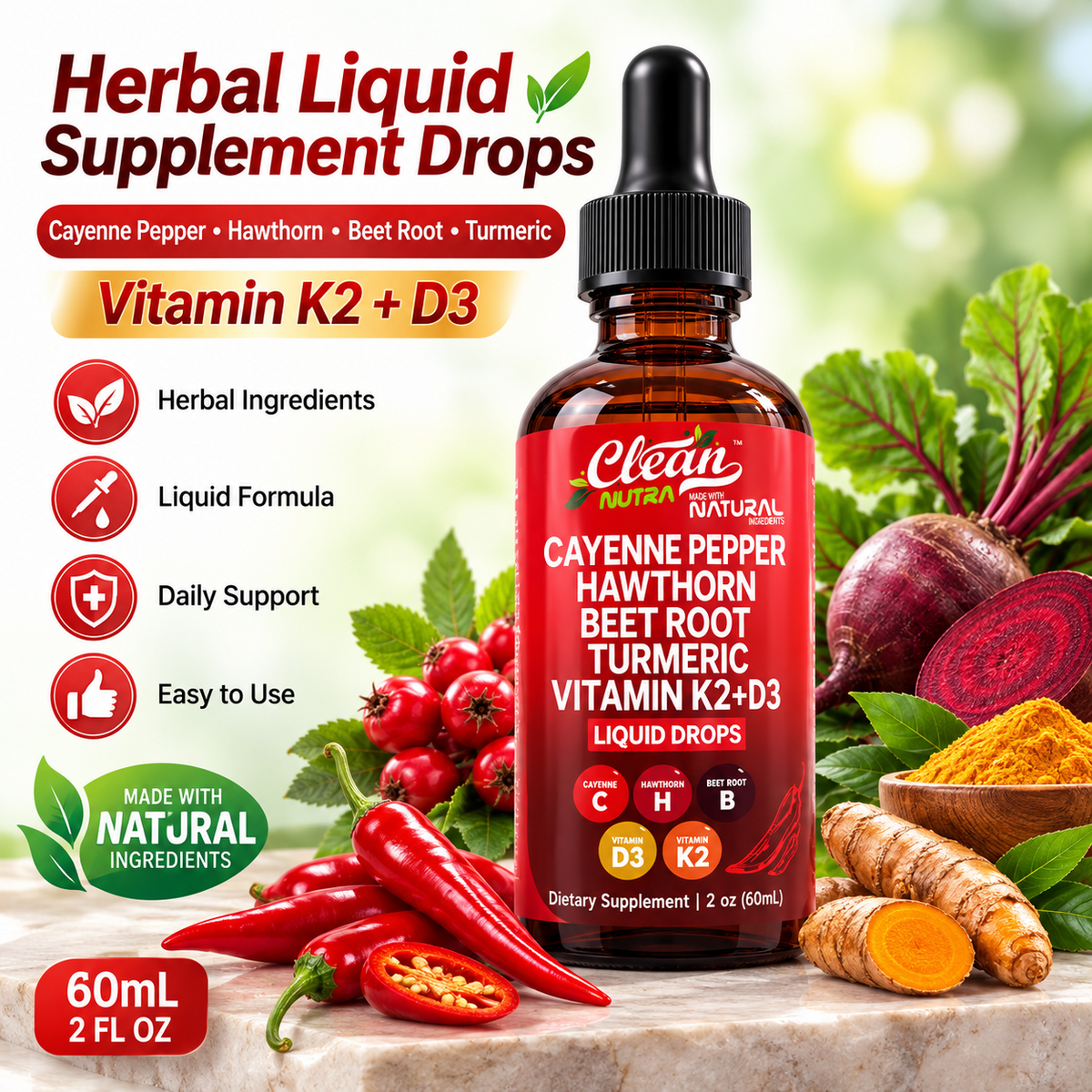 Liquid Drops with Hawthorn, Beet Root & Turmeric – Herbal Supplement with Vitamins D3 & K2