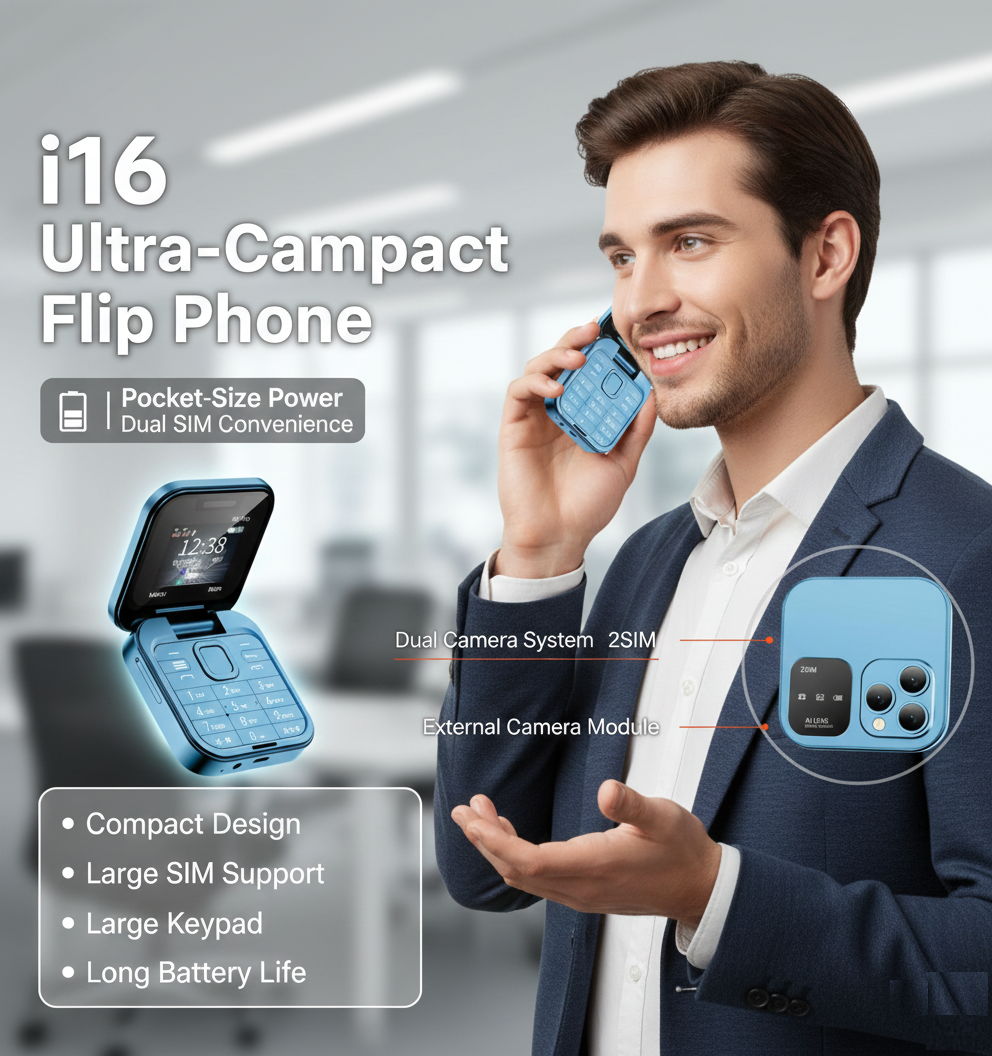 i16 Ultra-Compact Flip Phone — Blue.