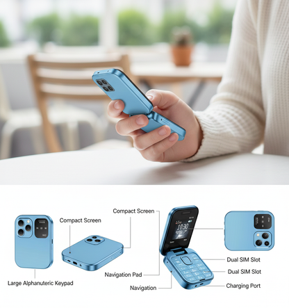 i16 Ultra-Compact Flip Phone — Blue.