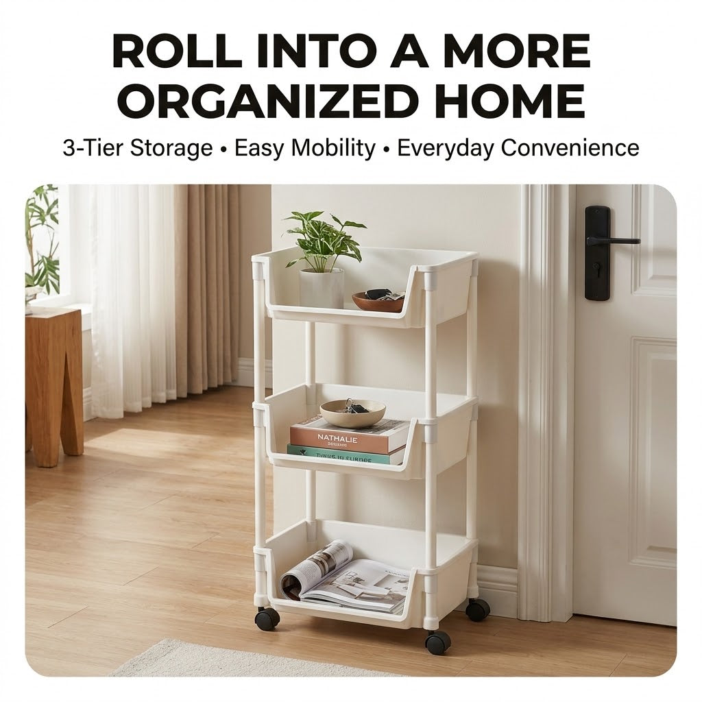 3-Tier Rolling Storage Cart – Movable Multi-Purpose Organizer Rack with Wheels