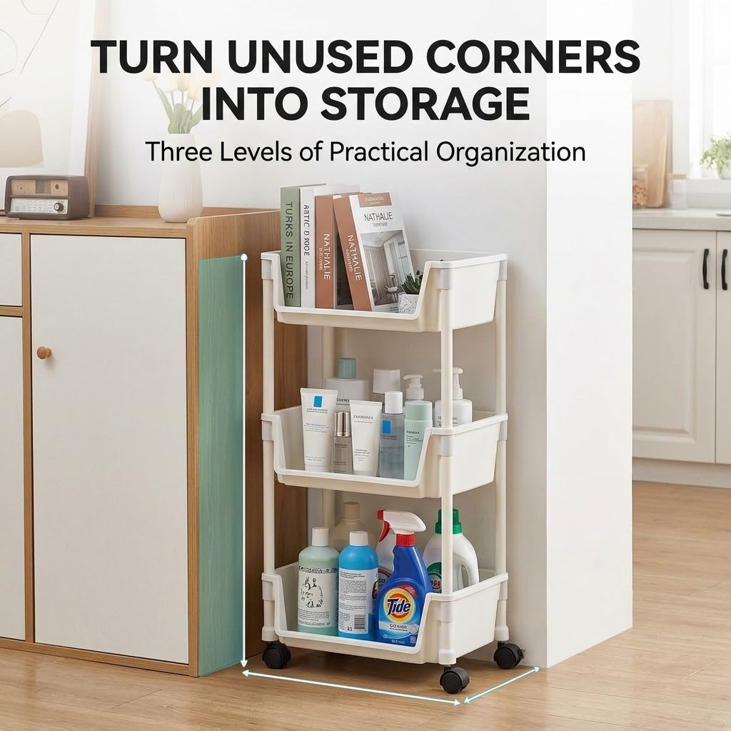 3-Tier Rolling Storage Cart – Movable Multi-Purpose Organizer Rack with Wheels