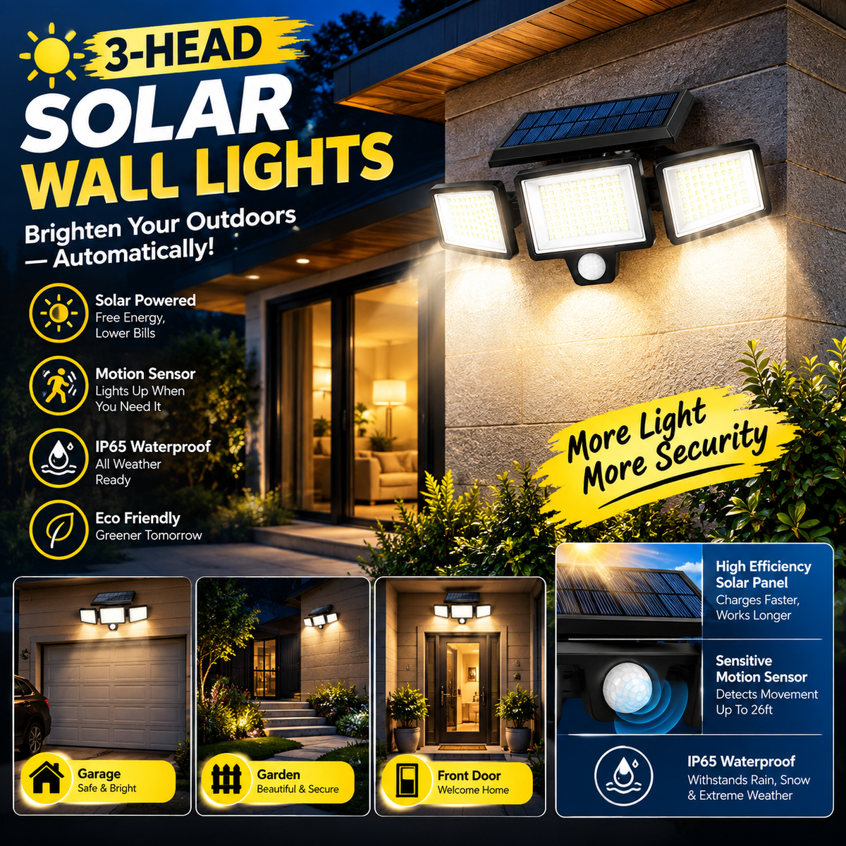 3-Head Solar Wall Lights – IP65 Waterproof Outdoor Motion Sensor Lamps