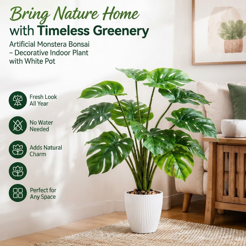 Artificial Monstera Bonsai – Decorative Indoor Plant with White Pot