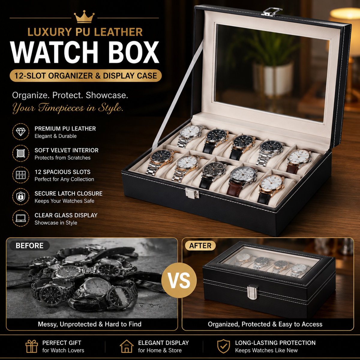 Luxury PU Leather Watch Box – 12-Slot Organizer & Display Case