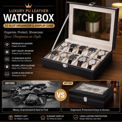 Luxury PU Leather Watch Box – 12-Slot Organizer & Display Case