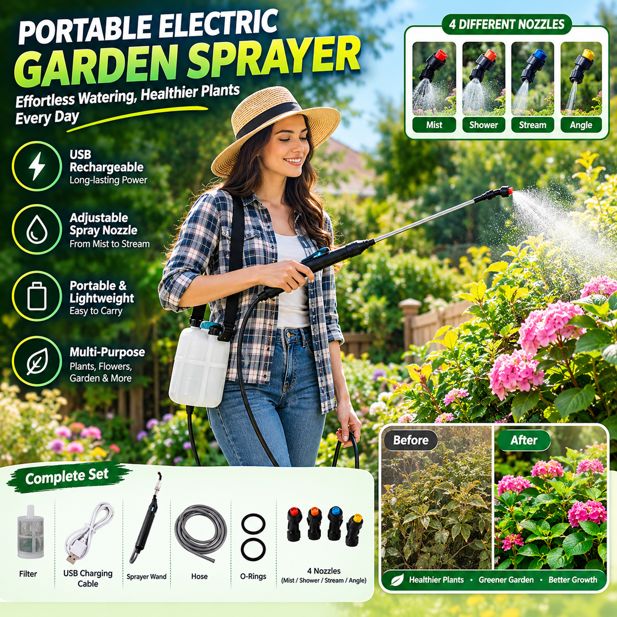 Portable Electric Garden Sprayer – USB Rechargeable Handheld Water Sprayer