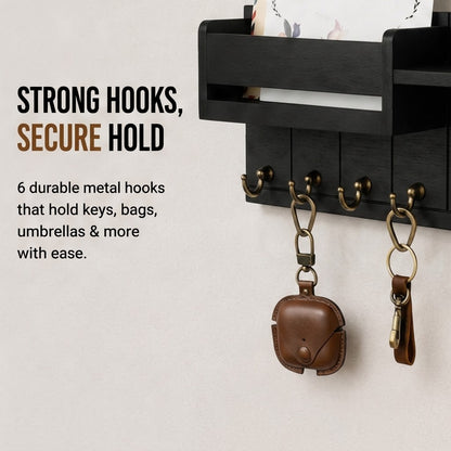 Wooden Key Rack & Mail Organizer Wall-Mounted Key Holder with 6 Hooks