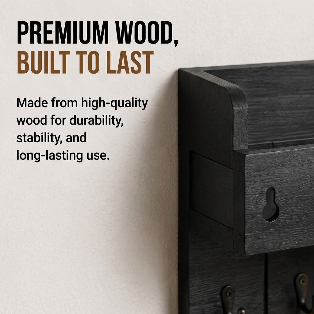 Wooden Key Rack & Mail Organizer Wall-Mounted Key Holder with 6 Hooks