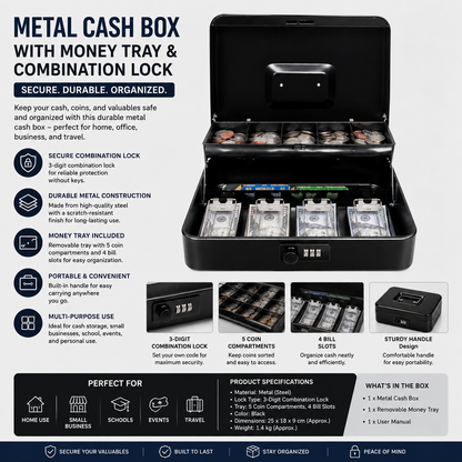 Metal Cash Box with Money Tray – Lockable Money Storage Box with Combination Lock