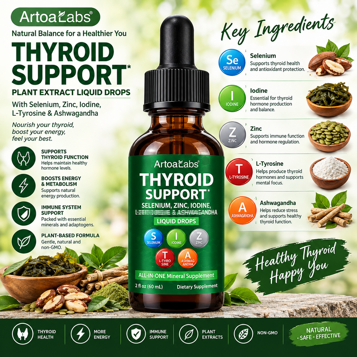 Artoalabs Ashwagandha Thyroid Support Liquid Drops – Herbal Plant Extract Supplement