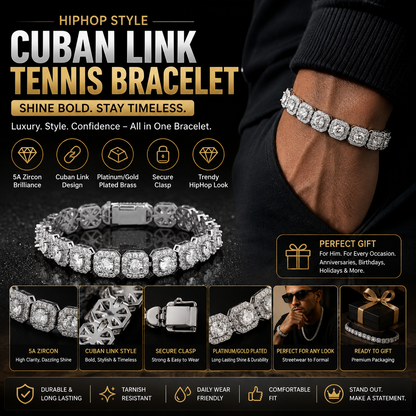 Men’s Cuban Link Tennis Bracelet – Gold/Platinum-Plated Brass with 5A Zircon Clasp