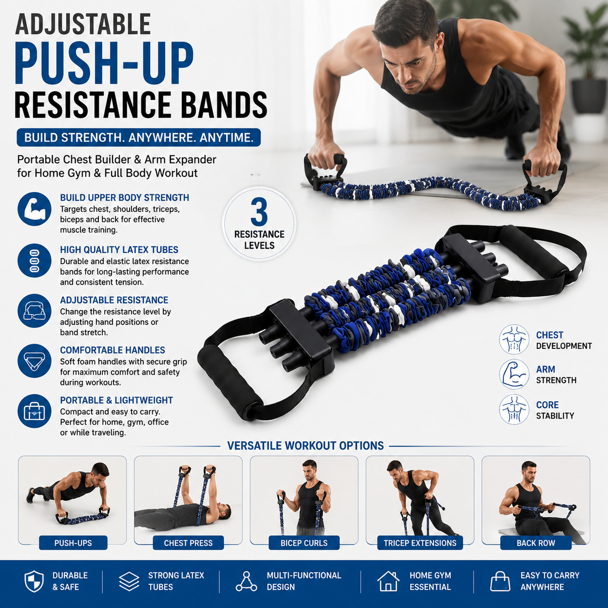 Adjustable Push-Up Resistance Bands –Chest Builder & Arm Expander for Home Gym Workouts
