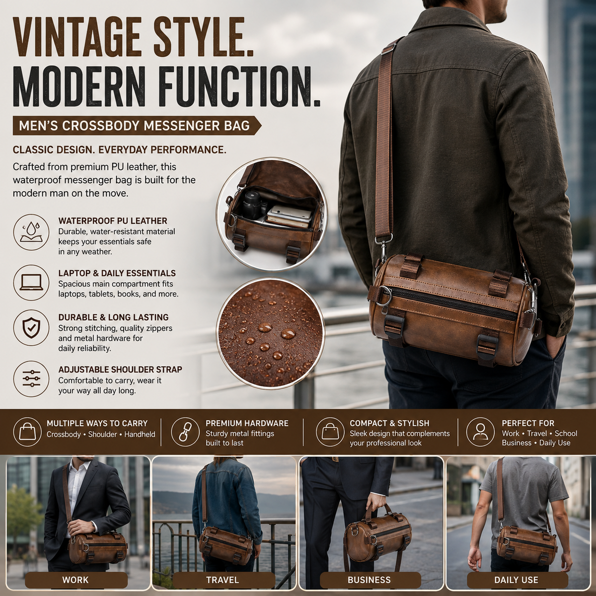 Men’s Vintage PU Leather Messenger Bag – Waterproof Laptop Crossbody Satchel for Work & Travel