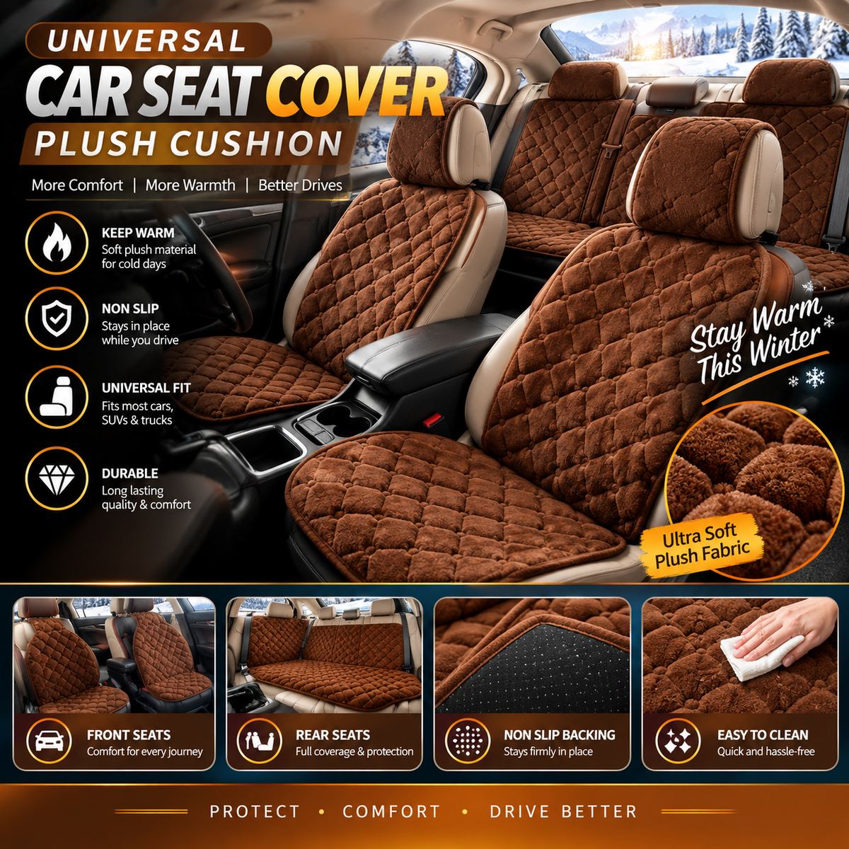 Universal Plush Car Seat Cover – Warm Non-Slip Front &  Rear Seat Cushion Protector