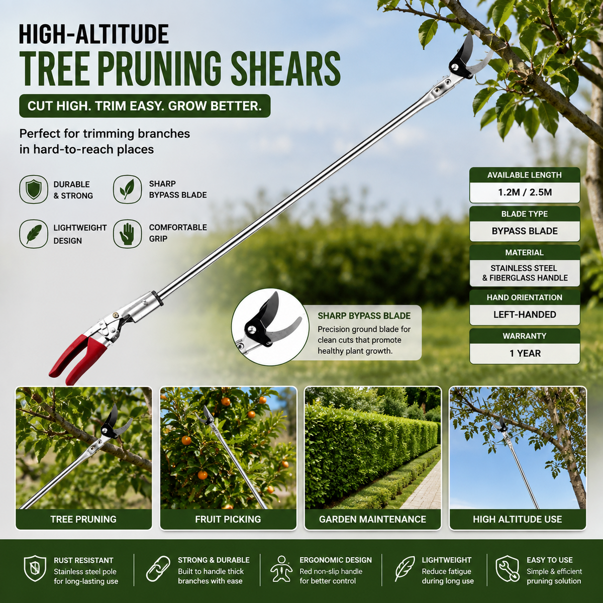 Steel Bypass Pruning Shears – Left-Handed High-Altitude Tree Cutter with Fiberglass Handle