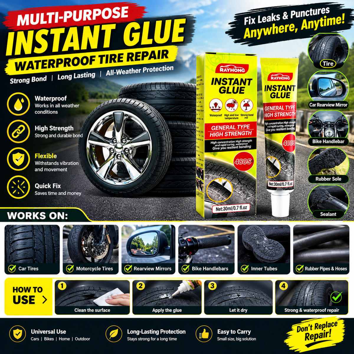 Instant Waterproof Repair Glue – Strong Rubber Adhesive for Tires, Soles & More