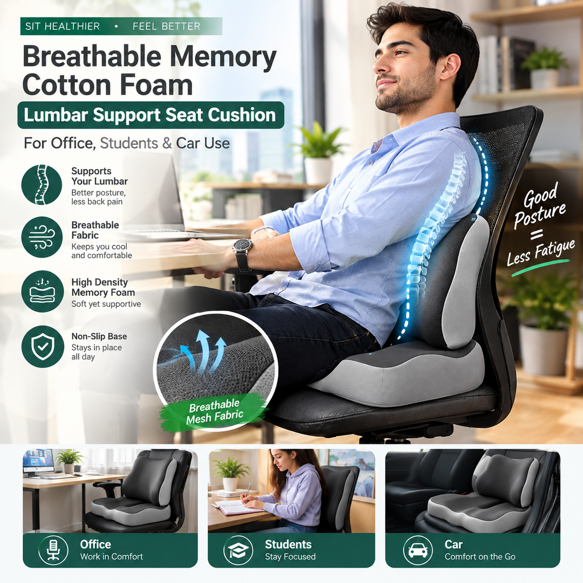 Breathable Memory Foam Lumbar Support Seat Cushion – Comfortable Office, Student & Car Use