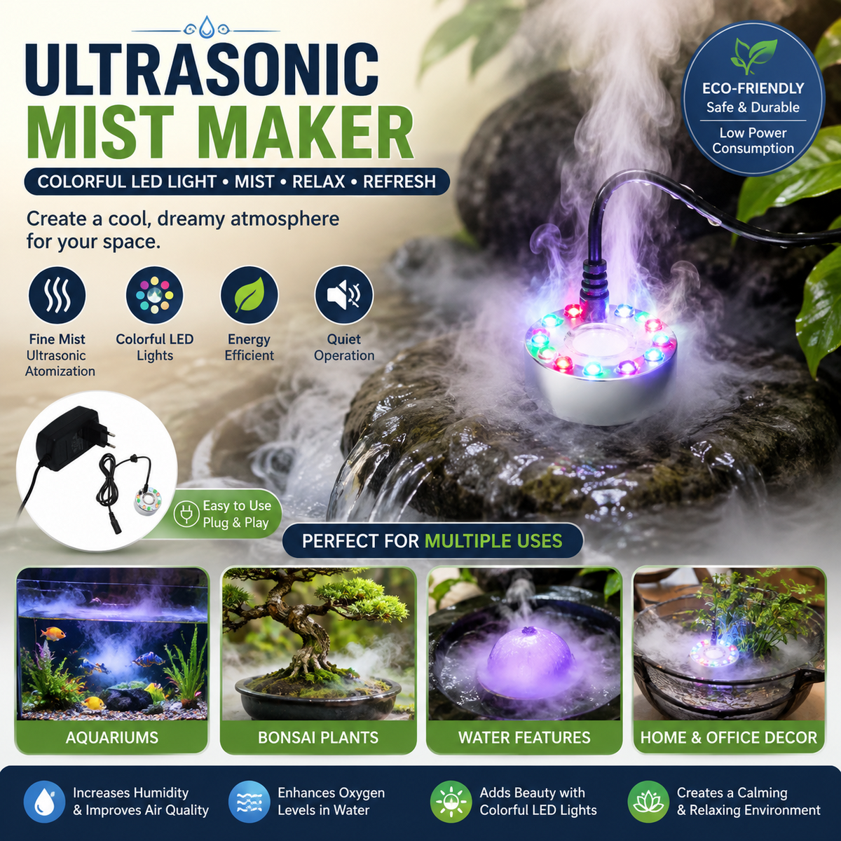 Humidifier with Colorful LED Light – Atomizing Humidifier for Aquariums, Bonsai & Decorative Water