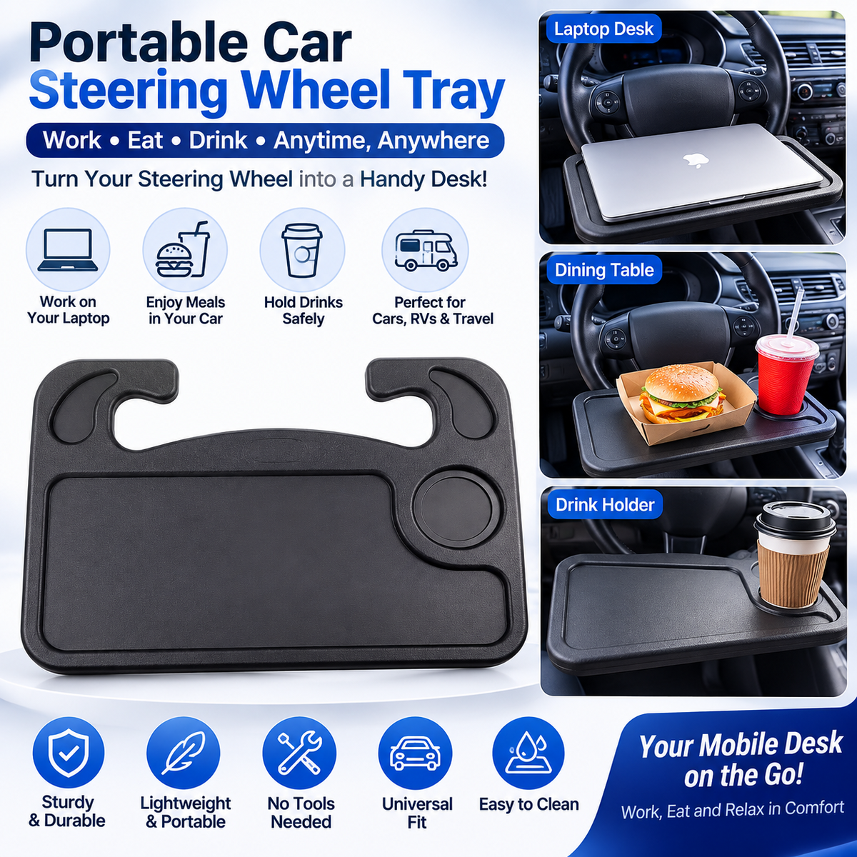 Portable Car Steering Wheel Laptop Desk – Foldable Vehicle Work, Dining & Travel Table