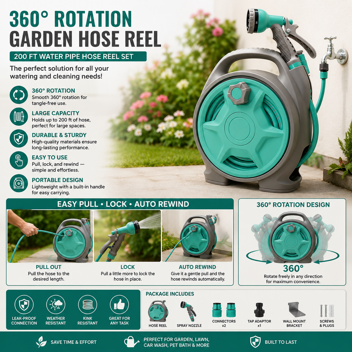 360° Rotating Garden Hose Reel – 200 Ft Water Hose Reel with Retractable Watering Set