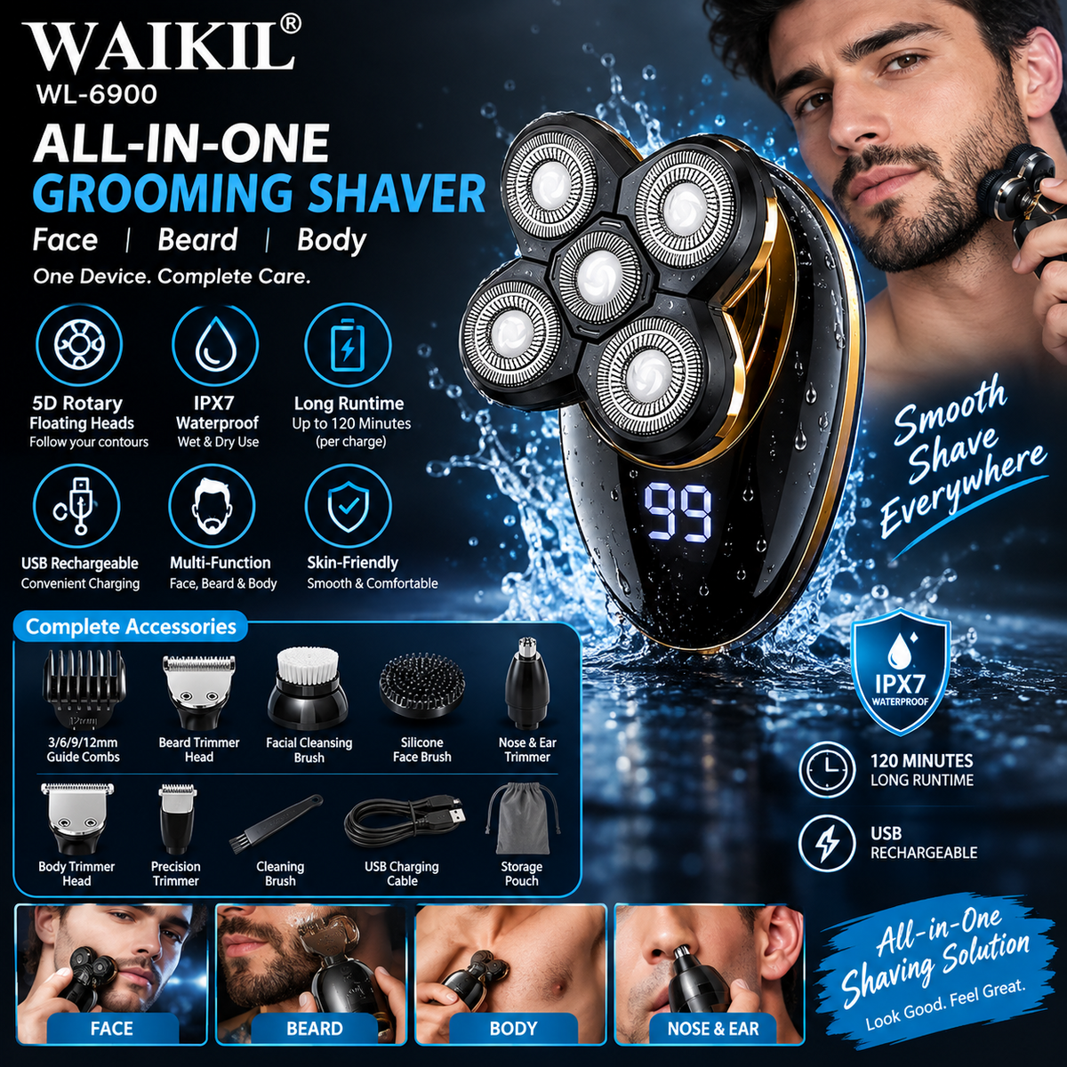 WL-6900 Rechargeable Shaver – Waterproof Rotary Face, Body & Beard Electric Razor