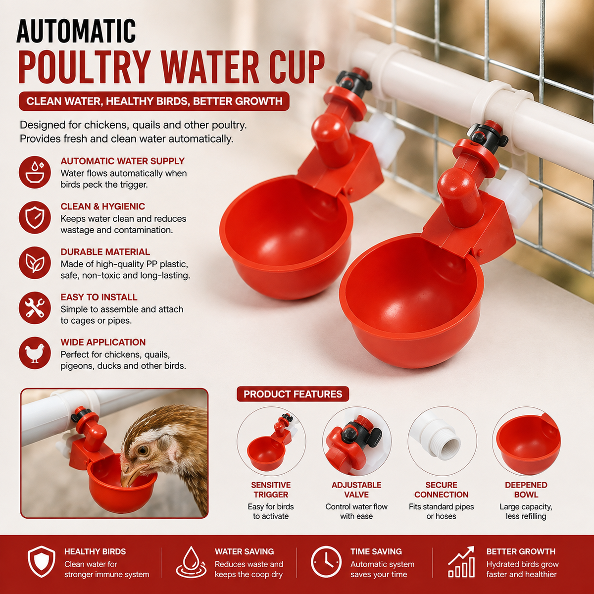 Automatic Hanging Water Cups – PP Chicken & Quail Drinker Bowls for Home & Farm Use