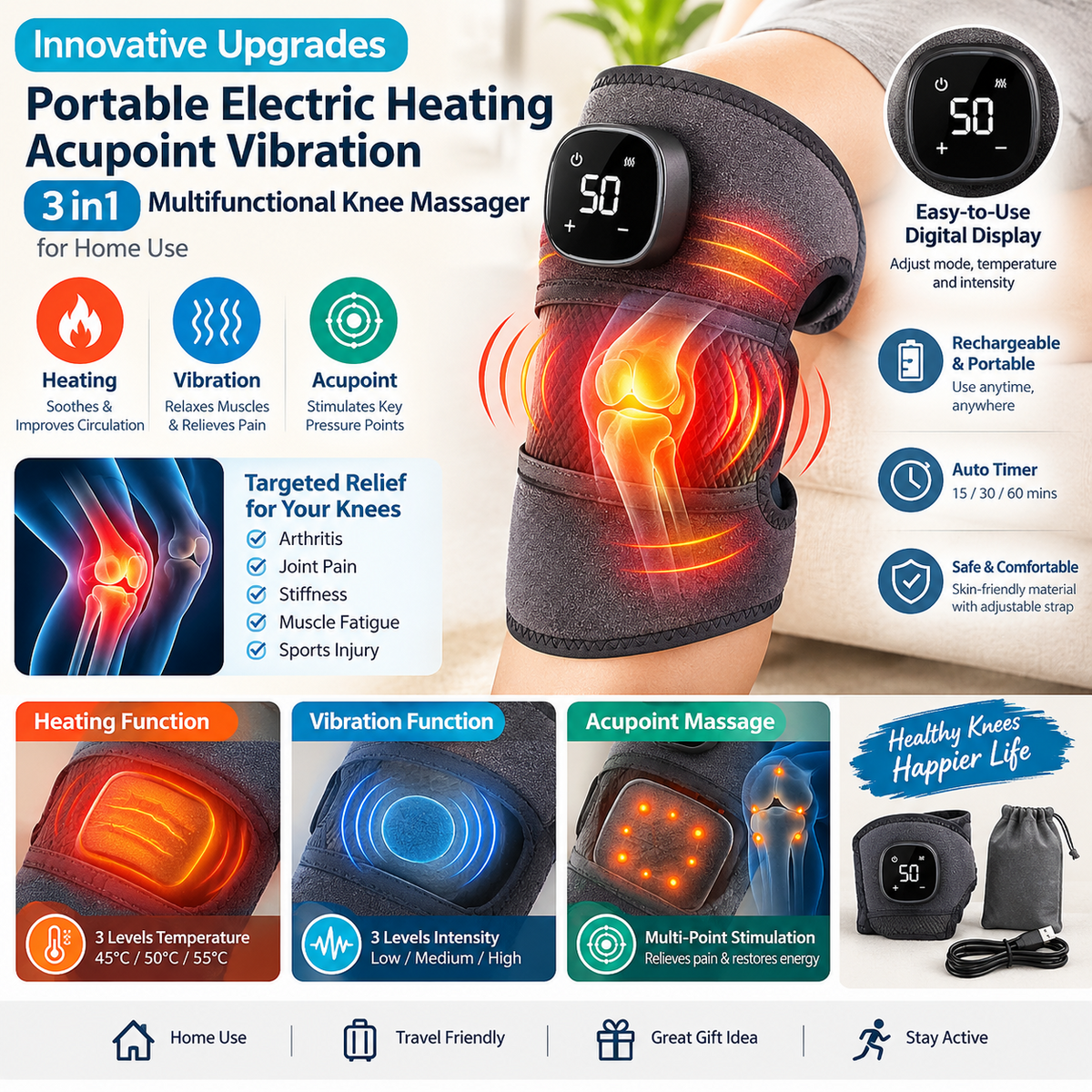 3-in-1 Electric Knee Massager – Portable Heated Acupoint Vibration Therapy Device