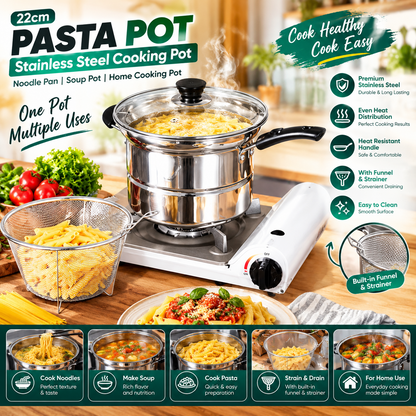 Stainless Steel Pasta Pot – Noodle & Soup Cooking Pan with Funnel