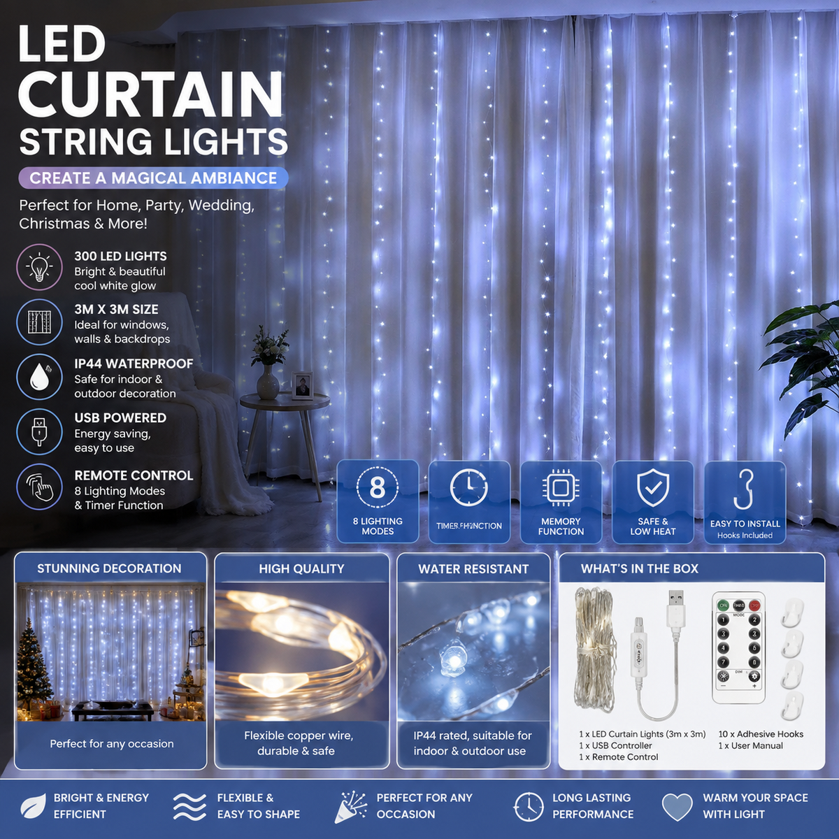 LED Curtain String Lights – USB-Powered Copper Wire Fairy Lights with Remote Control