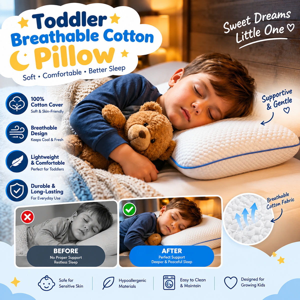 Toddler Breathable Cotton Pillow Soft Comfortable Sleep Pillow