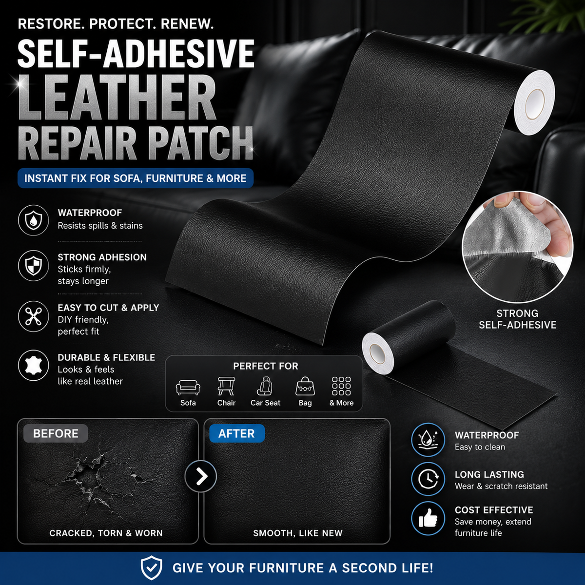 Self-Adhesive Leather Repair Patch Waterproof for Sofa & Furniture