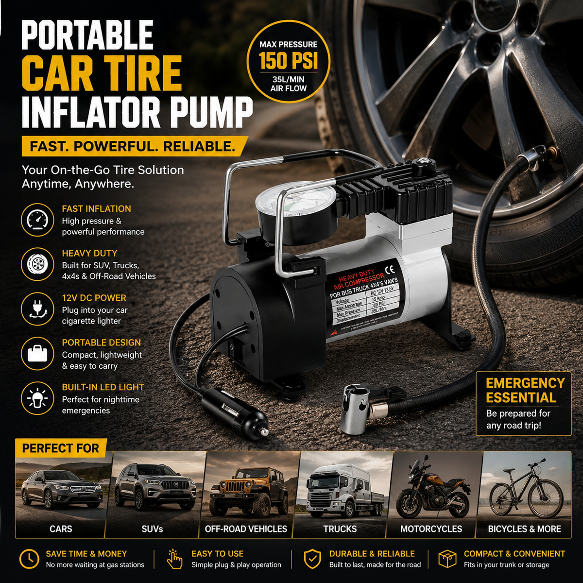 Portable Car Tire Inflator – Compact Air Compressor Pump for Cars, SUVs & Emergency Roadside