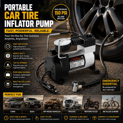 Portable Car Tire Inflator – Compact Air Compressor Pump for Cars, SUVs & Emergency Roadside