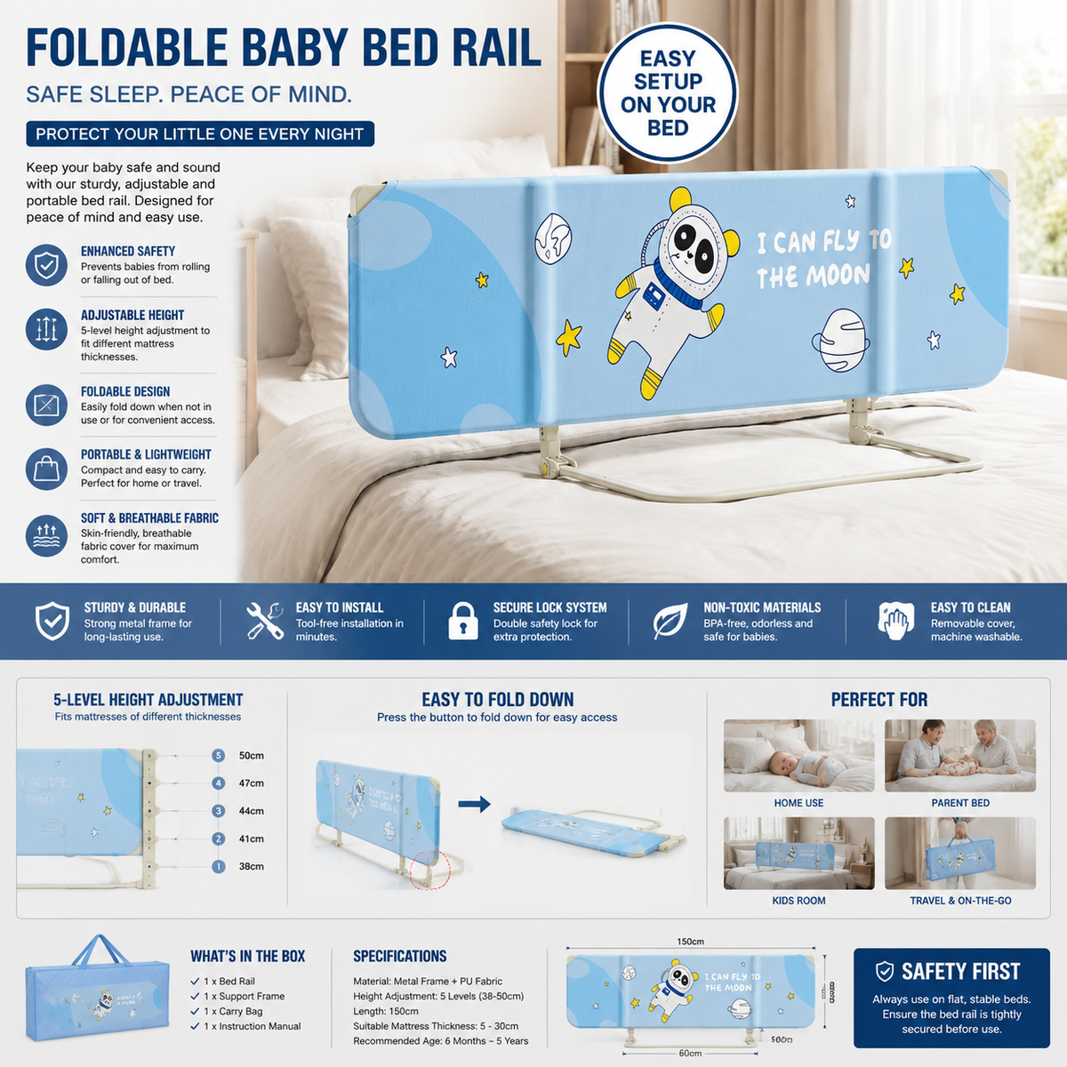 Adjustable Height Safety Guardrail for Infants & Toddlers with Portable Design