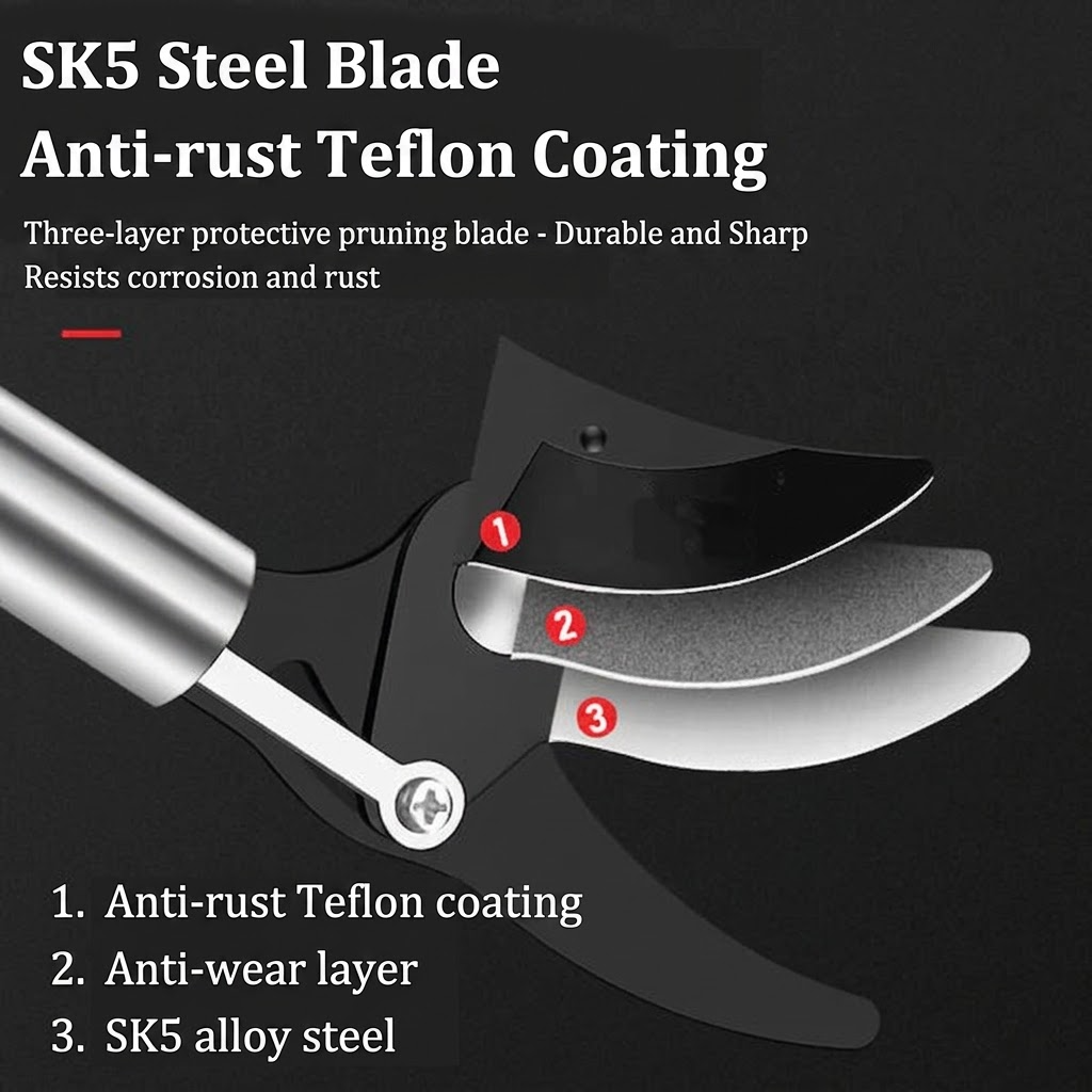 Steel Bypass Pruning Shears – Left-Handed High-Altitude Tree Cutter with Fiberglass Handle