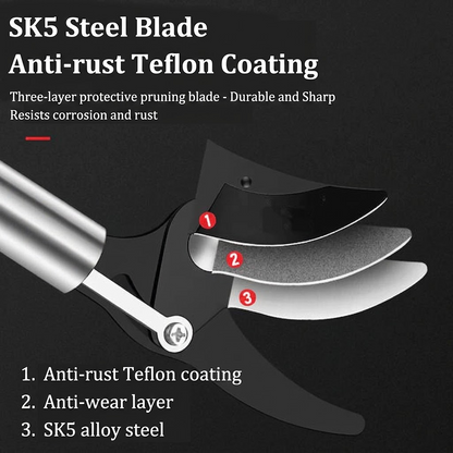 Steel Bypass Pruning Shears – Left-Handed High-Altitude Tree Cutter with Fiberglass Handle
