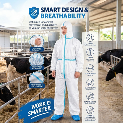 Hooded Nonwoven Protective Coverall – One-Piece Suit with Blue Stripes