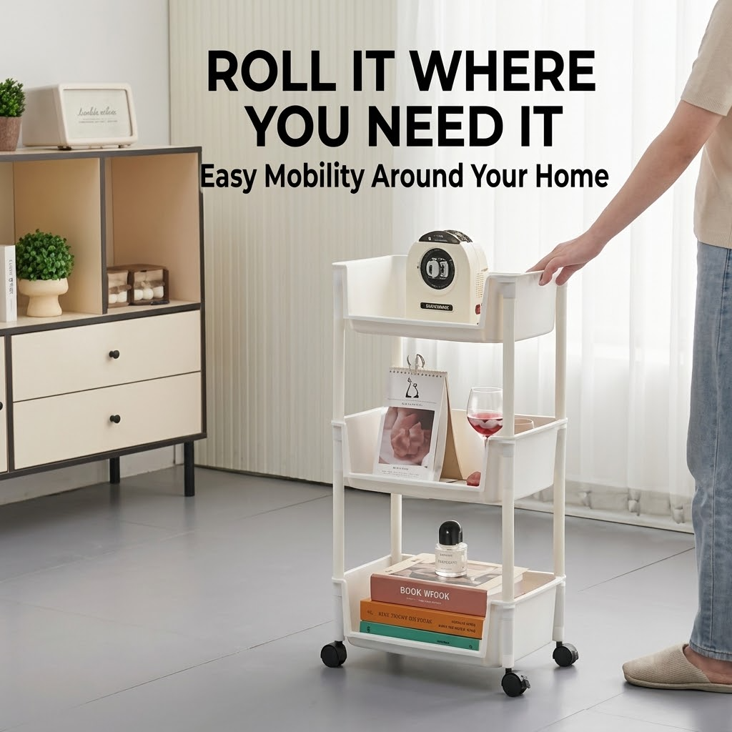 3-Tier Rolling Storage Cart – Movable Multi-Purpose Organizer Rack with Wheels