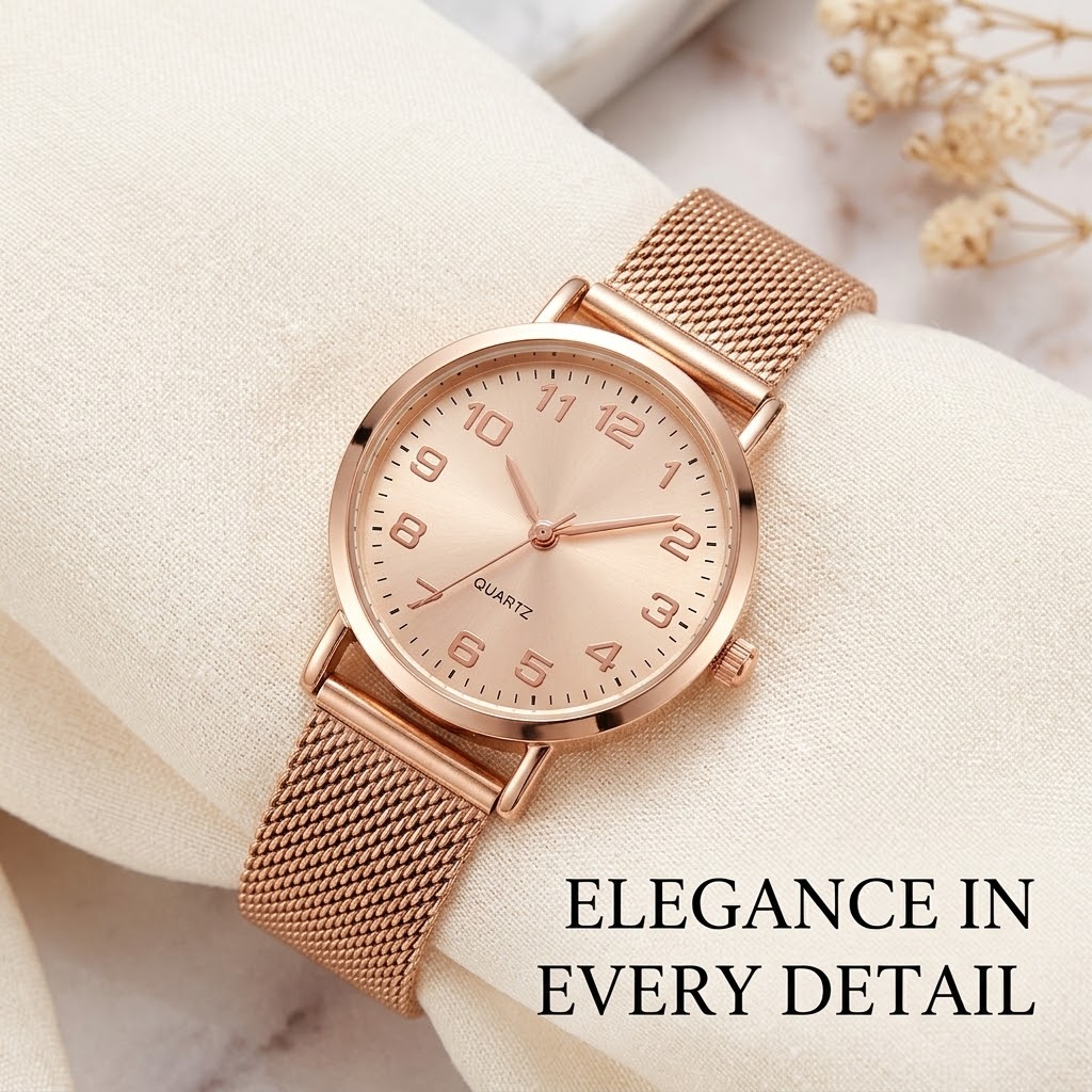 Women’s Rose Gold Minimalist Quartz Watch – Round Numeral Dial with Mesh Stainless Steel Strap