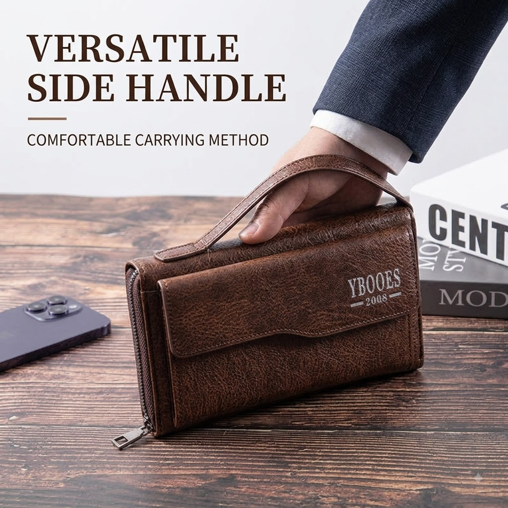 Men’s Genuine Cowhide Double-Layer Clutch Wallet – Korean Style Business Handbag