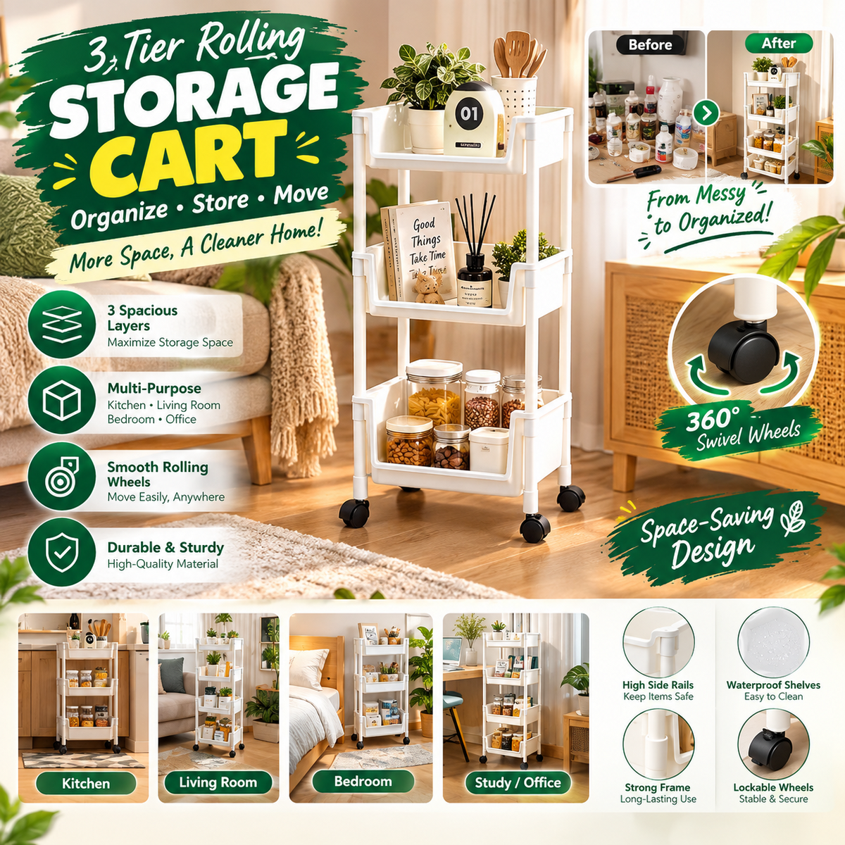 3-Tier Rolling Storage Cart – Movable Multi-Purpose Organizer Rack with Wheels
