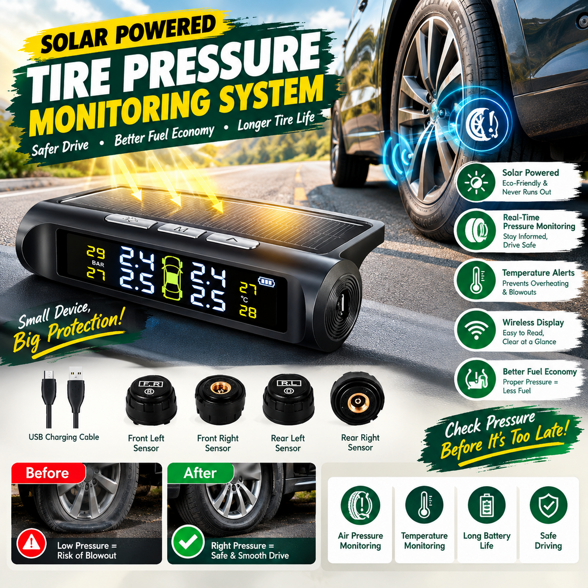 Solar-Powered Tire Pressure Monitoring System – Wireless Car TPMS